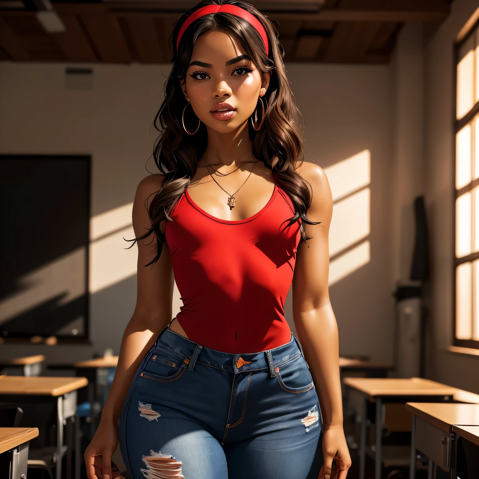 Masterpiece, high quality, high resolution, volumetric lighting, subsurface scattering, 8k, Beautiful woman, massive cleavage, (dark skin), phillipino, college student, uniform, (red dress, jeans), wavy hair, headband, hoope earings, classroom, sexy pose, seductive pose, ((slim thick body:1.0)), thick thighs, round-butt, open mouth, big lips, screaming, orgasm, night time, eyes closed, Masterpiece, Professional lighting, 16k, 8k wallpaper, raw photo, photo-realistic:1.8, ultra detailed, natural lighting