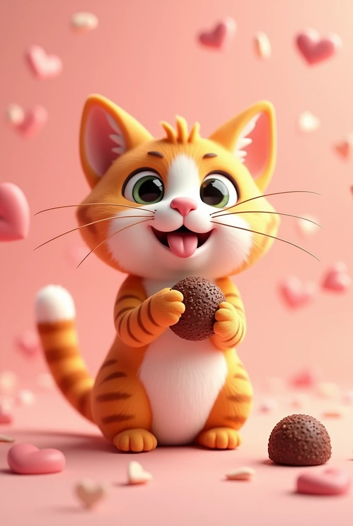 An orange and white 3D cat sitting on a pink background full of hearts holding a brigadeiro with its tongue to the side