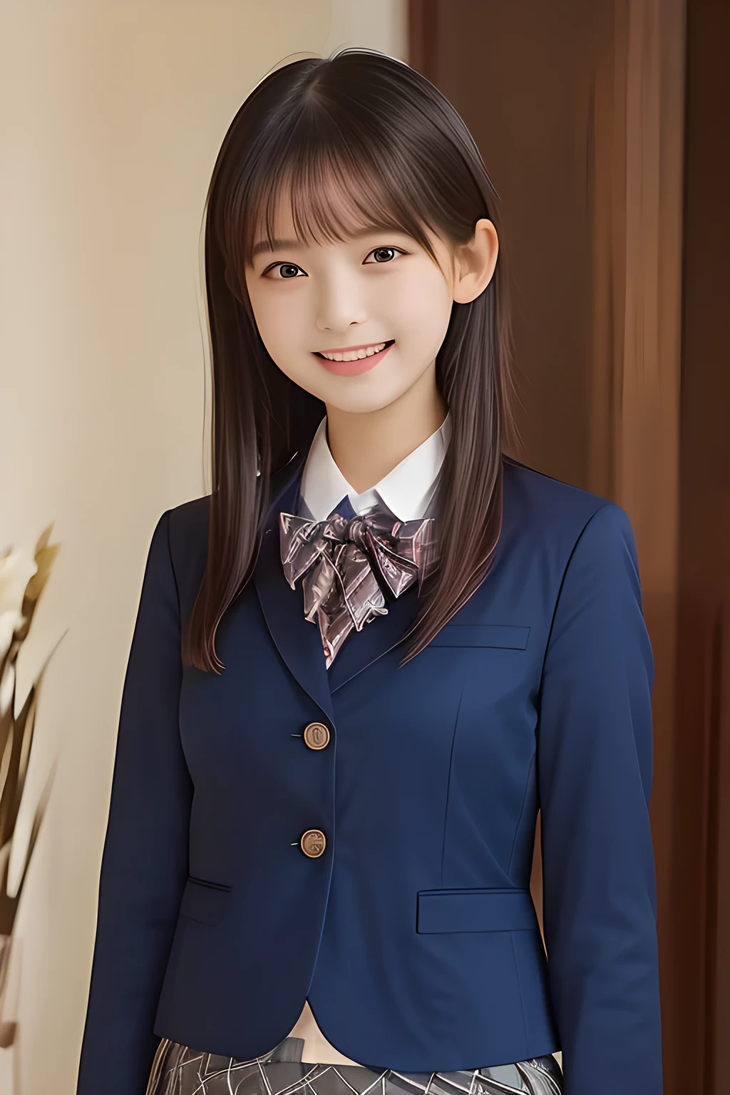 (highest quality, masterpiece, high resolution:1.2), 4K, (Photo quality well detailed white white white face: 1.2), geometry, (14 yo cute girly Japanese sensitive weak girl with very detailed graceful cute smiling face: 1.5), Laughing cutely, (Japanese school girly navy-colored blazer uniform: 1.4), (blue dark blue blue expensive pleated checkered school skirt inside the blazer: 1.6), (big sharp breast: 1.3), (Dark red glossy school ribbon on the breast: 1.0), (Extremely laughing cheeks: 1.0), (Beautiful pretty large laughing cute cute cute childish childish eyes with detailed and balanced well: 1.4), (Double eyelids: 1.0), (Long bottom eyelashes: 1.2), (Glossy very wet lips: 1.0), (Super-straight hair, extremely very long hair which reaches her waist: 1.3), (plain light orange-colored wall paper with cute white heart marks), (The clear white light illuminates her face white and the ribbon on her chest)