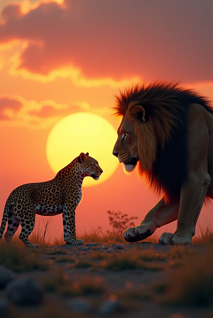 Leopard and a lion at sunset