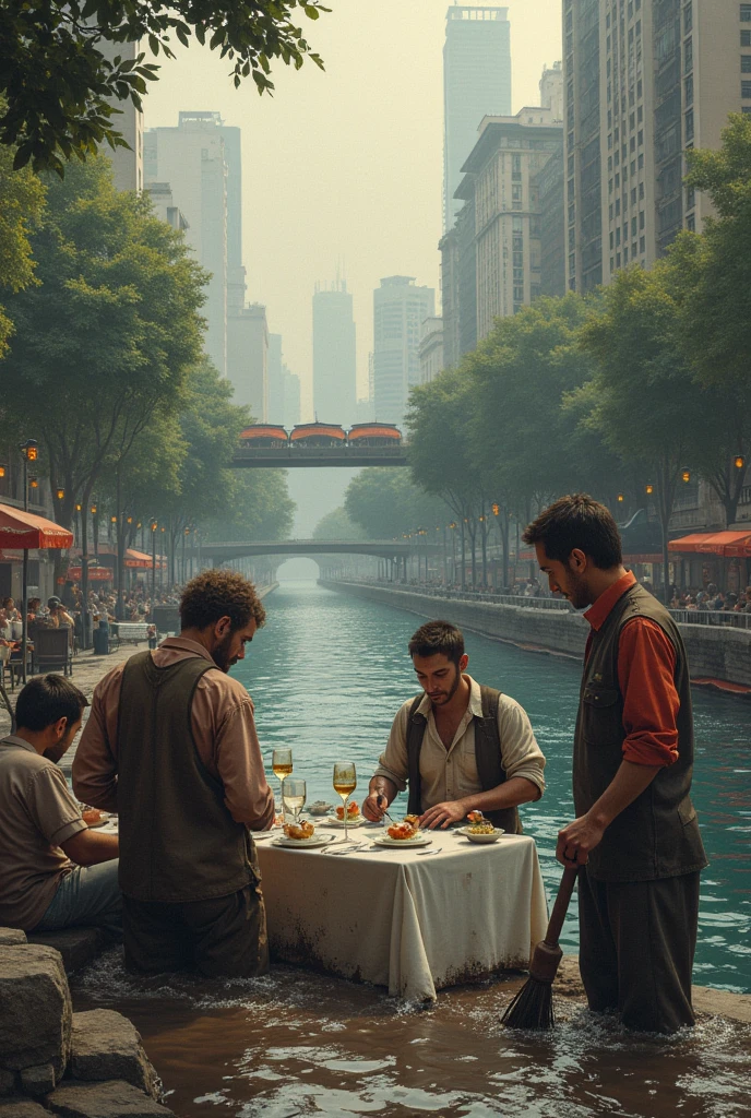 On the banks of the city river, simple people work in the mud, and while in the background, a middle class family dines at a luxury restaurant.