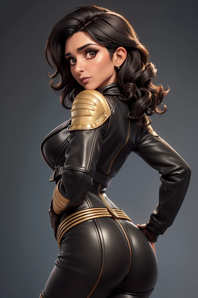 obra prima, melhor qualidade, ((only one woman,)) ((julia louis dreyfus, dark tan skin, short black curly hair, heavy makeup eye shadow, mouth open,)) (((wearing thigh length black leather jacket,))) (((jacket is zipped up, jacket covers waist and ass,))) ((jacket has stiff high collar,)) ((gold pvc gloves,)) body is very skinny, standing up, (((arched back, shoulders leaning way back, head tilted way back, chin up,))) ((camera back view, extreme closeup view of upper body,)) shallow depth of field, highres, HD, 8k, anatomically correct