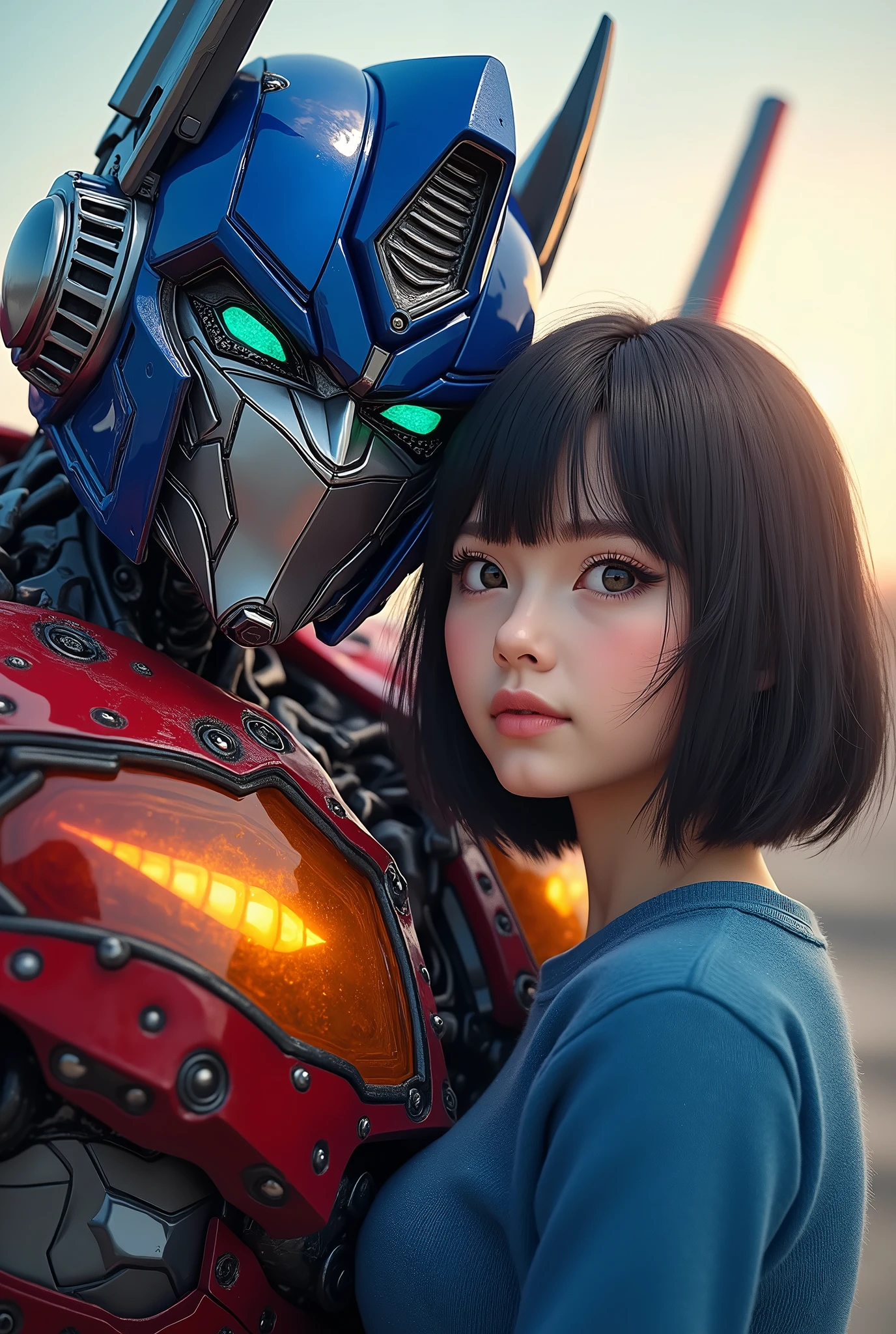 Optimus Prime, Momoe Sawaki, 1girl, masterpiece, highres, upperbody, short hair, green eyes, blue sweater, (best quality,4k,8k,highres,masterpiece:1.2),ultra-detailed,(realistic,photorealistic,photo-realistic:1.37),HDR,UHD,studio lighting,ultra-fine painting,sharp focus,physically-based rendering,extreme detail description,professional,vivid colors,bokeh,portraits