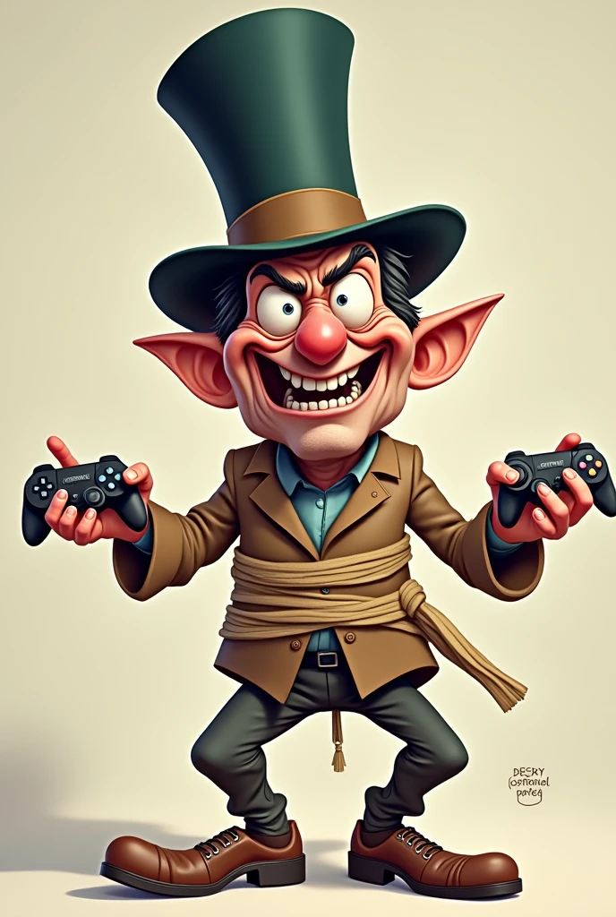 Caricature of Crazy and Nerdy Man in Straitjacket, wearing a top hat and holding a gamepad in his hands