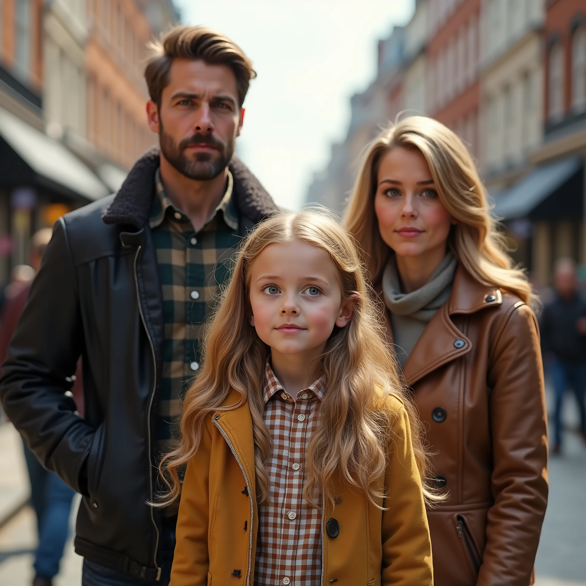 Blonde girl 8 year long hair harzel eyes with your brunette dad Brown eyes and mom Green eyes long blonde hair in London street 8k ultra realistic image