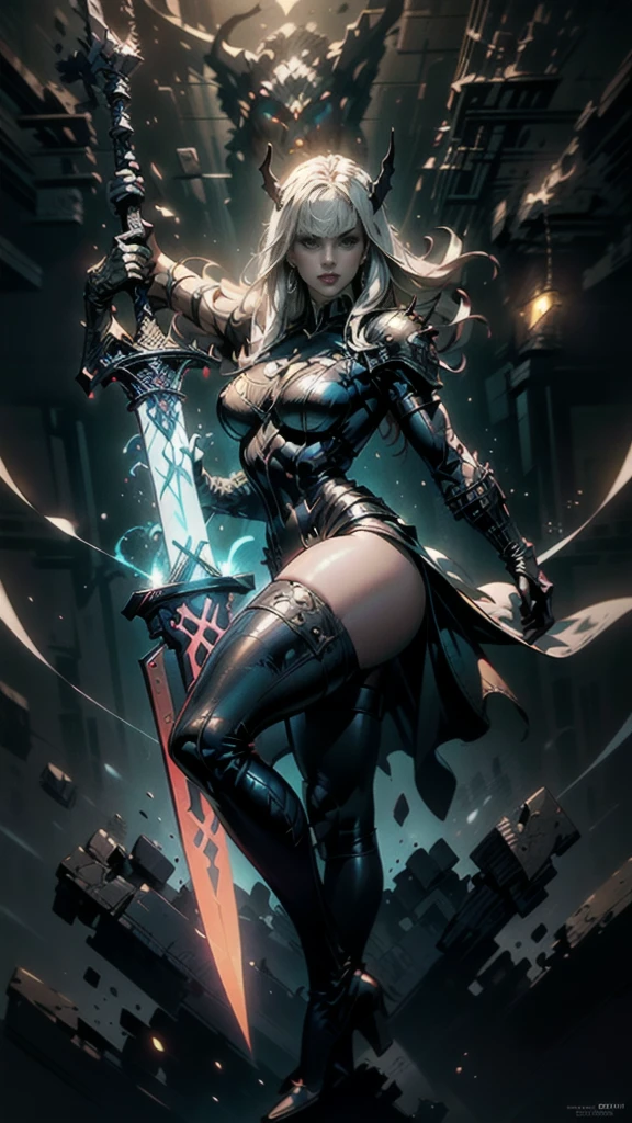 A full body portrait of Magik of X-men, Illyana Rasputin, with long white hair, piercing blue eyes, wearing a low cut unitard with high cut legs, tight thigh high boots, holding a glowing magical sword in a side view, making a huge overhead swing of the sword, in a mystical realm with swirling energy, best quality, 8k, highres, masterpiece, ultra-detailed, concept art, dark fantasy, digital painting, dramatic lighting, cinematic, intricate details, ethereal, otherworldly atmosphere