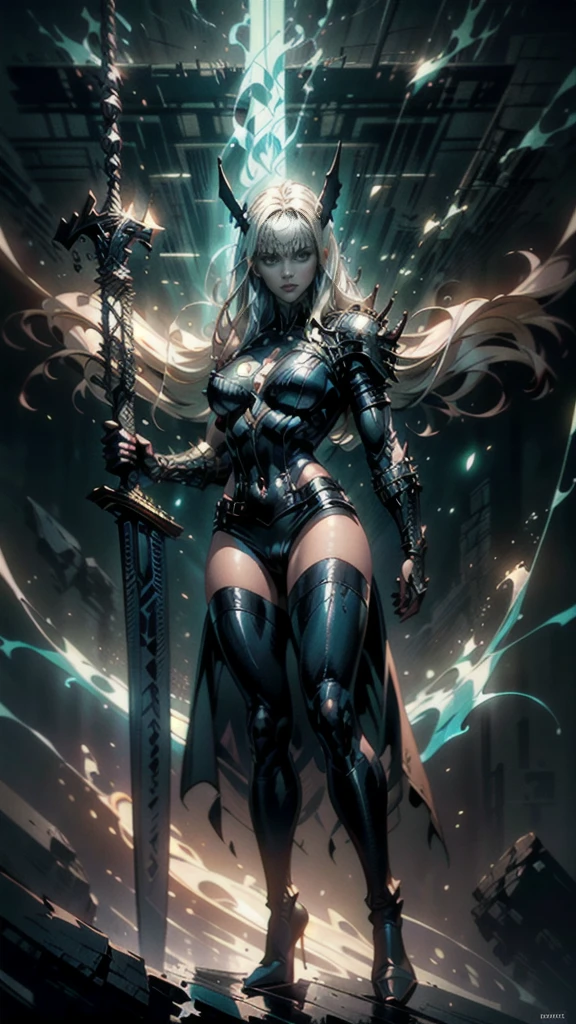 A full body portrait of Magik of X-men, Illyana Rasputin, with long white hair, piercing blue eyes, wearing a low cut unitard with high cut legs, tight thigh high boots, holding a glowing magical sword in a side view, making a huge overhead swing of the sword, in a mystical realm with swirling energy, best quality, 8k, highres, masterpiece, ultra-detailed, concept art, dark fantasy, digital painting, dramatic lighting, cinematic, intricate details, ethereal, otherworldly atmosphere