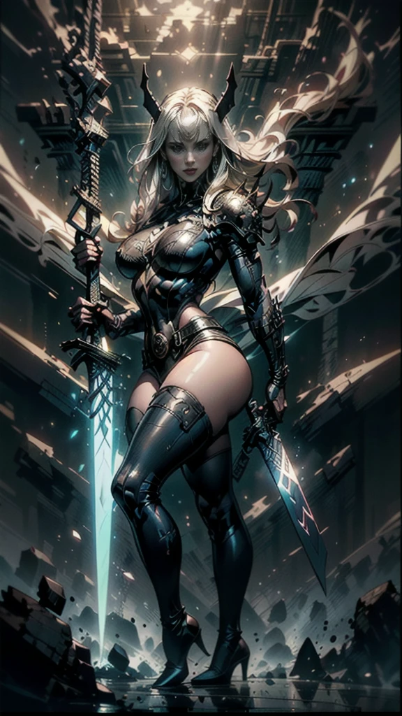 A full body portrait of Magik of X-men, Illyana Rasputin, with long white hair, piercing blue eyes, wearing a low cut unitard with high cut legs, tight thigh high boots, holding a glowing magical sword in a side view, making a huge overhead swing of the sword, in a mystical realm with swirling energy, best quality, 8k, highres, masterpiece, ultra-detailed, concept art, dark fantasy, digital painting, dramatic lighting, cinematic, intricate details, ethereal, otherworldly atmosphere