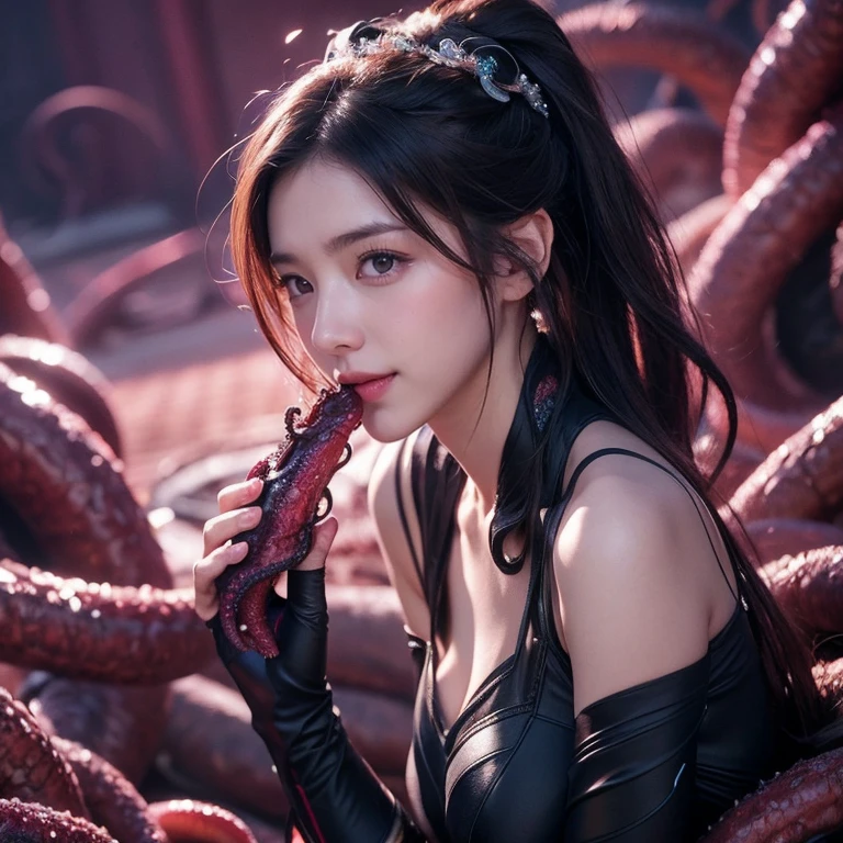 Medium Size Display, Medium Shot, Written boundary depth, Upper Body, Movie angle, masterpiece, Highest quality, Very detailed, CG, 32k wallpapers, Beautiful Face, Delicate eyes, Otome, alone, smile,  Has tentacles, Wedding dress, Tentacles all around、woman with tentacles、Octopus、open mouth,（((Eating tentacles)))