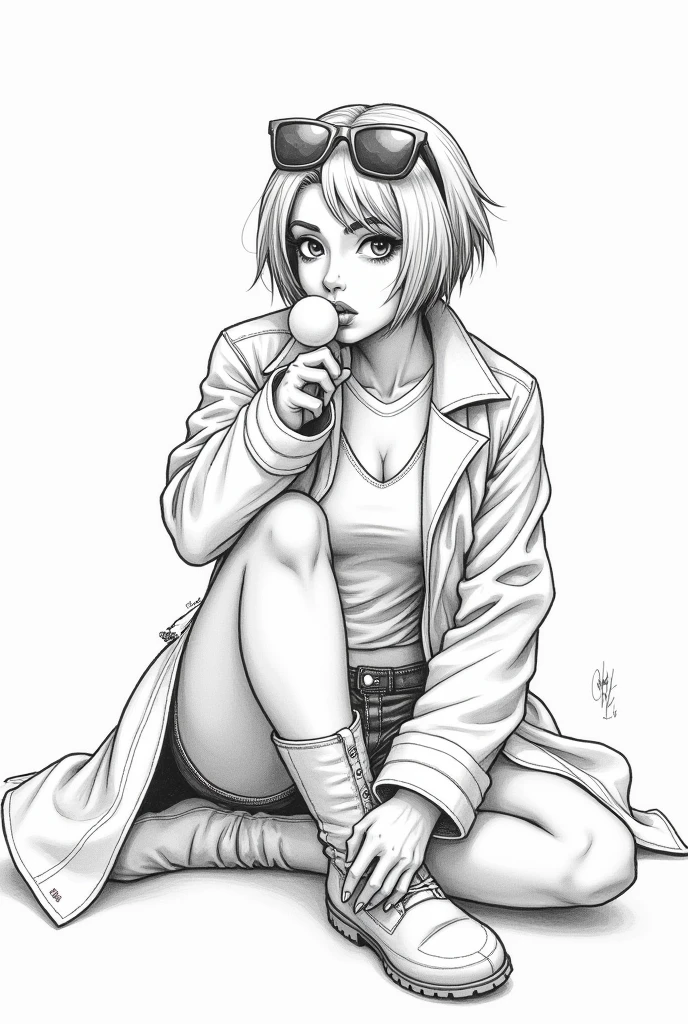 Visualize the X-Men character JUBILEE as a pencil drawing in the style of comic artist Jim Lee.
Shoe should sit on the ground pouting. JUBILEE is an Asian age with short hair, a coat with rolled up sleeve, long gloves, boots and denim shorts and a 80's syle sunglasses which that sits on the top of her head that has the shape of Bret Harts icons sunglasses. She has to blew a bubblegum bubble