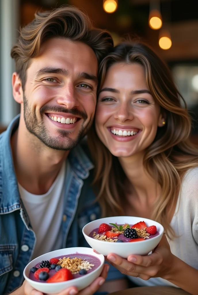 Realistic man and wife 25-35 years old, At the acai shop ,brown hair eating acai , with friends Ultra HD, high qualiy, best qualityer, high resolution, 8k, 16K
