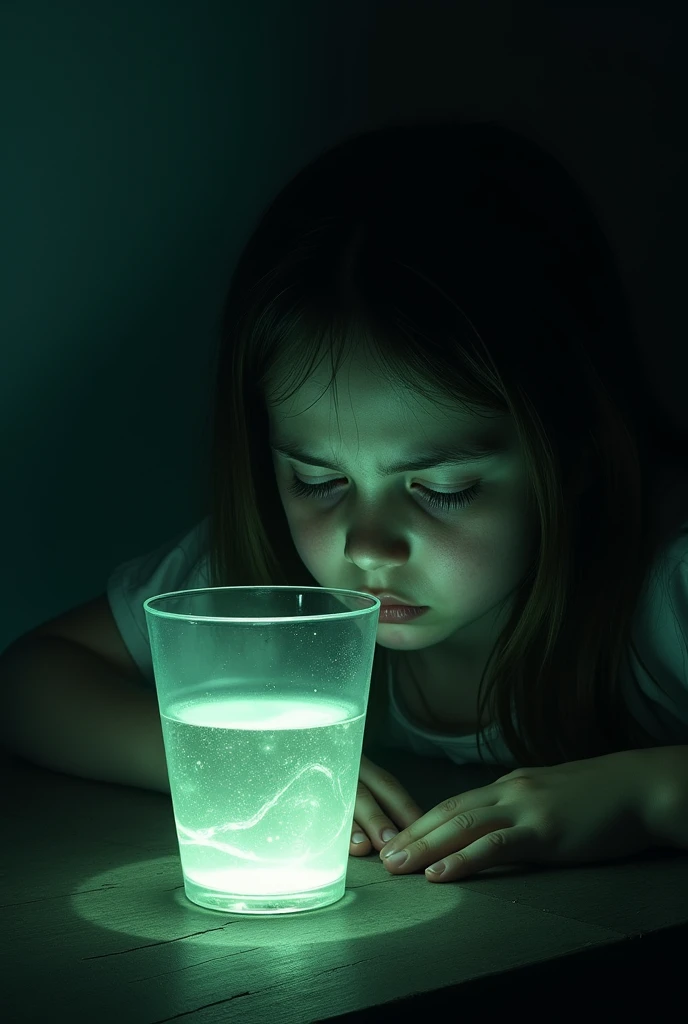 A glass of liquid, whose content shines with an ominous tone, casting an eerie reflection on a young girl's grieving face.