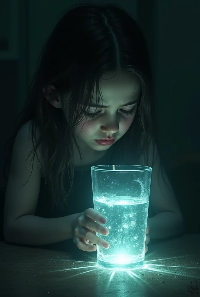 A glass of liquid, whose content shines with an ominous tone, casting an eerie reflection on a young girl's grieving face.