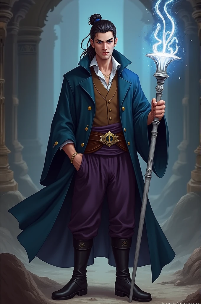 Create a d wizard&d, he has dark purple eyes, her hair is tied in a bun, he is a 26 year old adult, he wears a dark blue overcoat with a brown shirt, your pants are dark purple, and your shoes are black, he has a white staff with light blue details, vermelho e laranja, on his right hand he has a gold ring with a small jewel, and on his head he has a very simple silver crown