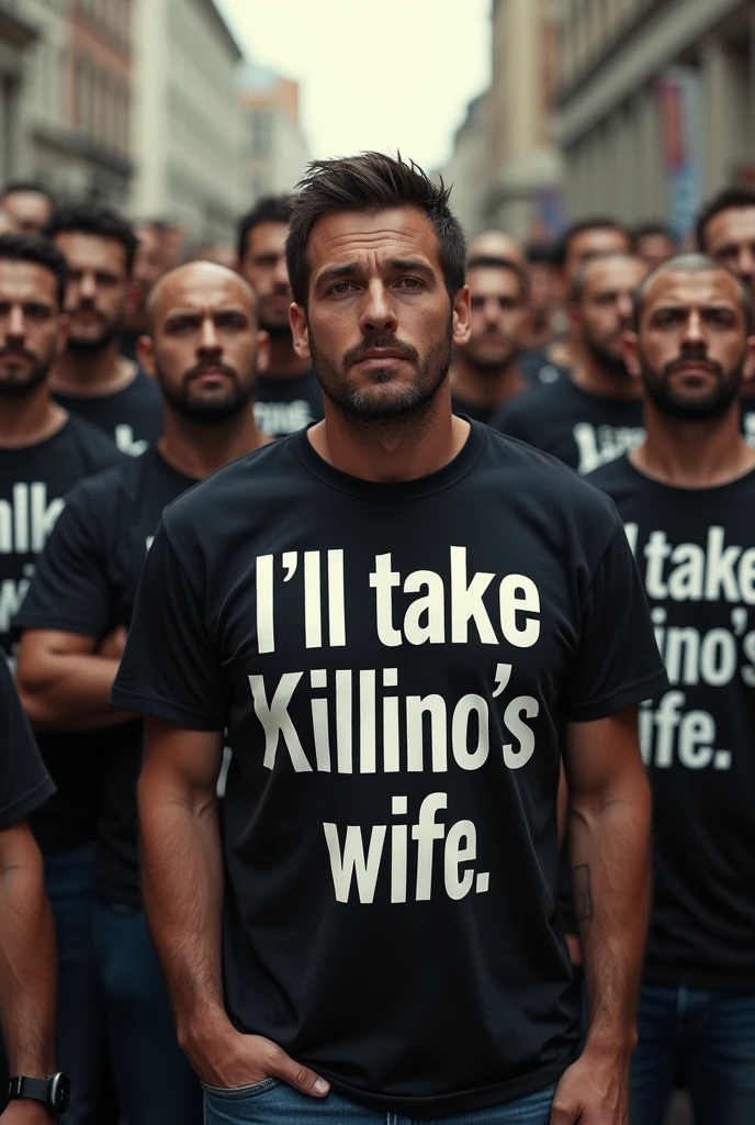 Group of men with shirts saying I'll take Killino's wife