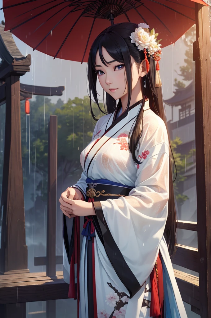 Rainy landscape.ancient chinese landscape、Rich historical background. (Highest quality,4K,8k,High resolution,masterpiece:1.2), Very detailed, (Realistic,Realistic,Photorealistic:1.37), High resolution, Hyper HD, Studio Lighting, Ultra-fine painting, Sharp focus, Physically Based Rendering, Very detailed説明, Professional, Vibrant colors, Bokeh, Sports Late, Ancient War Landscapes, Traditional Chinese Painting Techniques, Atmospheric lighting, Vivid color contrast, Visually stunning composition, Ethereal atmosphere,Very detailed目と顔, Beautiful attention to detail, Light on the face, (Hanfu: 1.1),My clothes are wet and transparent in the rain、Nipples are visible