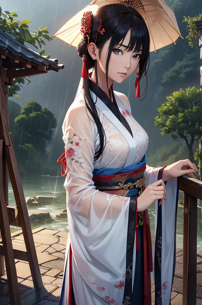 Rainy landscape.ancient chinese landscape、Rich historical background. (Highest quality,4K,8k,High resolution,masterpiece:1.2), Very detailed, (Realistic,Realistic,Photorealistic:1.37), High resolution, Hyper HD, Studio Lighting, Ultra-fine painting, Sharp focus, Physically Based Rendering, Very detailed説明, Professional, Vibrant colors, Bokeh, Sports Late, Ancient War Landscapes, Traditional Chinese Painting Techniques, Atmospheric lighting, Vivid color contrast, Visually stunning composition, Ethereal atmosphere,Very detailed目と顔, Beautiful attention to detail, Light on the face, (Hanfu: 1.1),My clothes are wet and transparent in the rain、Nipples are visible