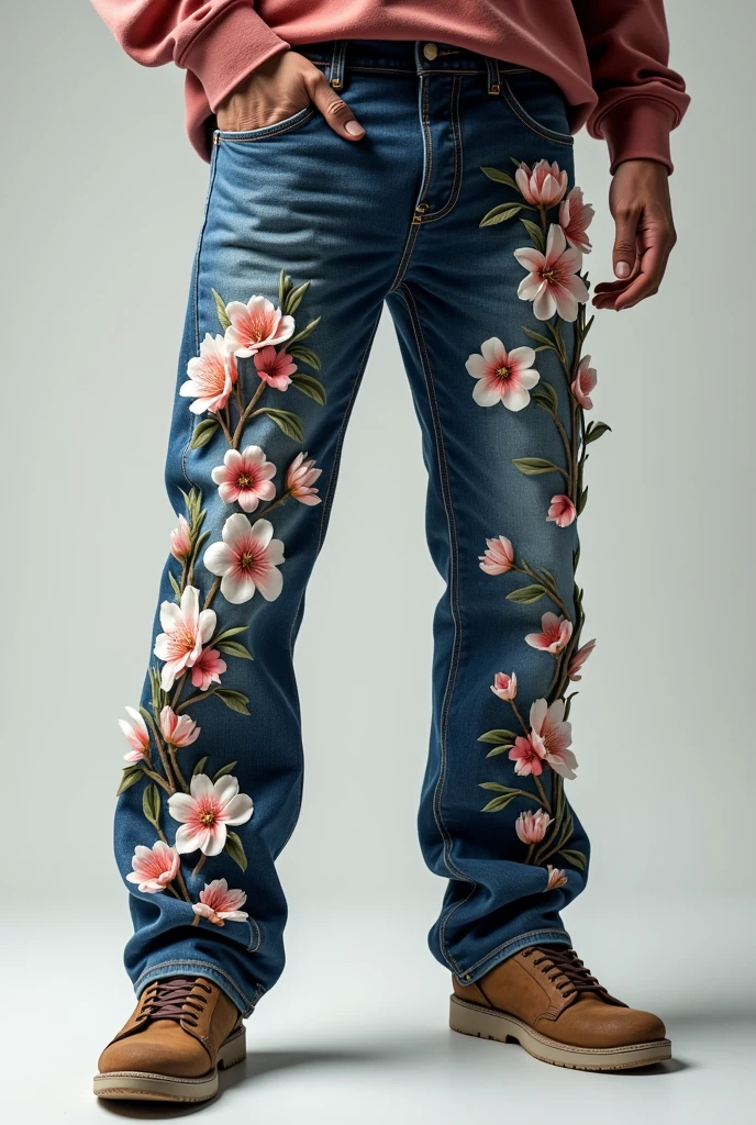 a model of men&#39;s street wear jeans with almond blossom inspired flowers showing only the pants
