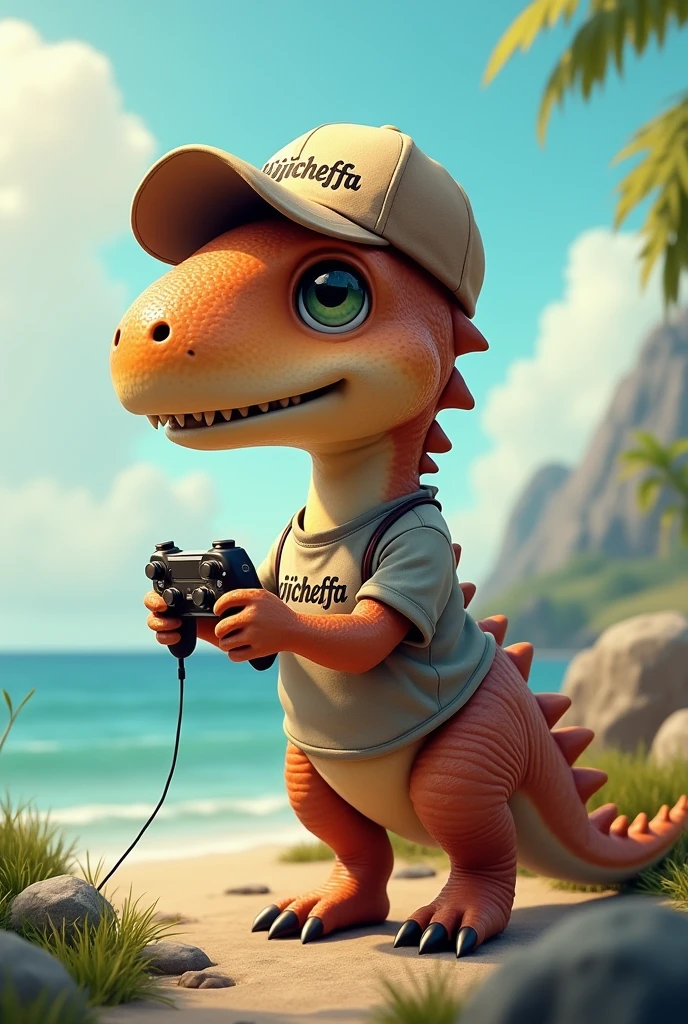 Create a little dinosuar with a shirt and a cap that say “WJ≠CHEFFA” outside a risk from the sea with a control of console in your hands