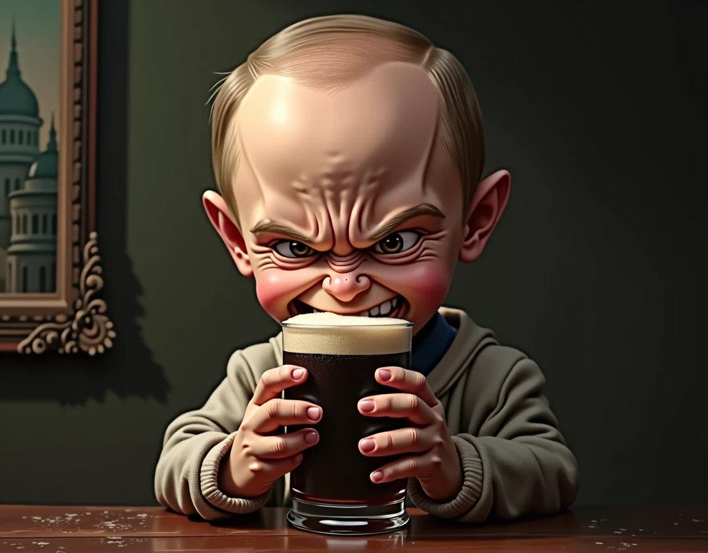 Putin, a very short, small and angry child, drinking dark beer