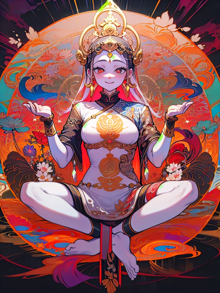 an ancient Chinese goddess, naked guanyin of the southern seas, Guanyin, Inspired by India, Avalokiteshvara Bodhisattva Phoenix，,Serene expression,shui mo hua,Buddha,Buddhist,Lotus,Chinese painting style,Thangka style, (nsfw: 2.0), naked: 2.0