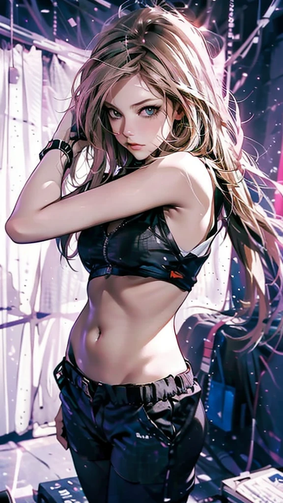 25-year-old young woman: 1.3, Long hair: 1.2, Sports suit: 1.2,Sports vest,sports Shorts,pink,Female movements, square: 1.2, light, Surrealism, Ultra HD, precise, Super Detail, Textured Skin, High Detail, best quality, 8K,Full body image,City,Standard yoga poses