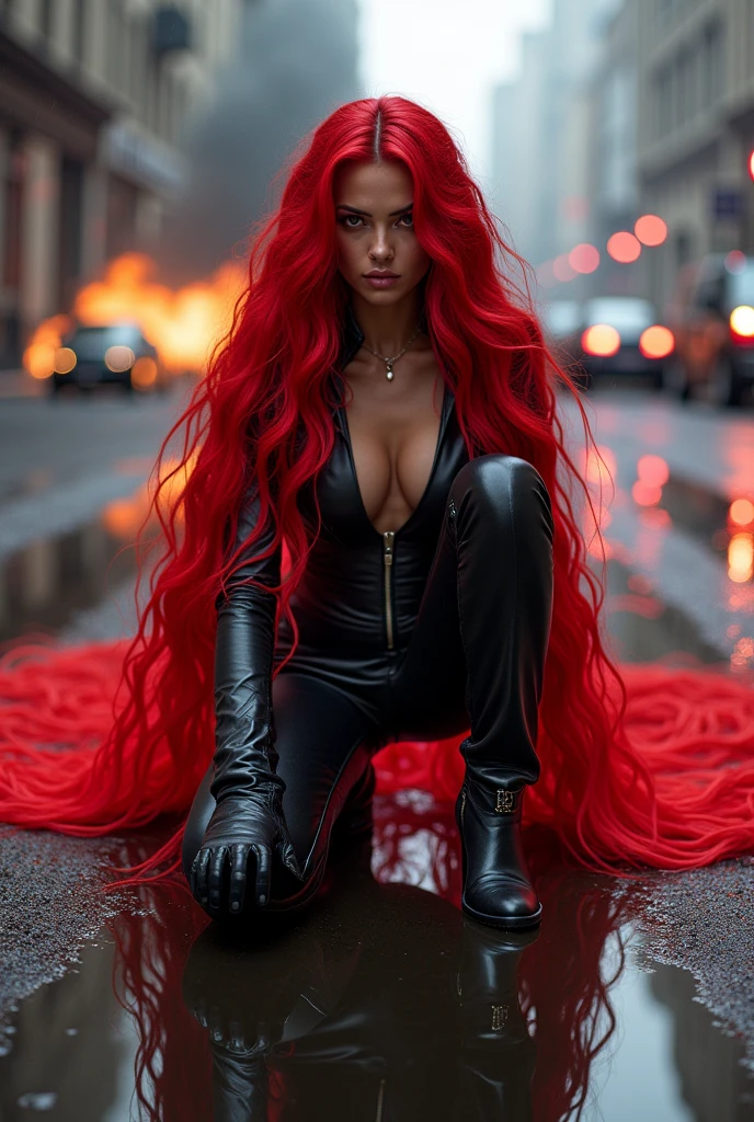 (((A beautiful woman with long, life-like prenzil hair spread across the image))),(((with extensive long red hair prenzil six feet long)))Adriana Lima wearing (((a fuchsia leather jumpsuit combined with black))) black leather gloves and boots kneeling in a rainy apocalyptic city cars and buildings on fire ((((a long head of six-foot-long red prenzil hair)))) reflection of her in her blood red hair with life logo Marvel universe