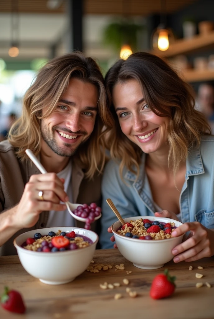 Realistic man and wife 25-35 years old, At the acai shop ,brown hair eating acai , with friends Ultra HD, high qualiy, best qualityer, high resolution, 8k, 16K
