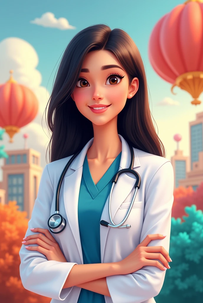 Pixar image brunette doctor, thin black straight hair 