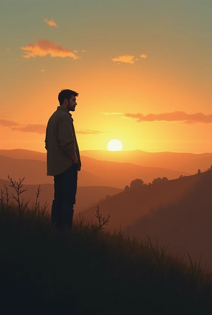 Happy lonely man,watching the sunset on a grassy landscape