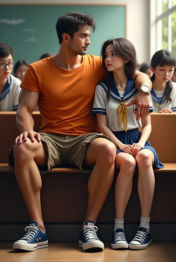 Muscular man wearing a shirt with long shorts Long loose shorts With pockets on the sides with converse sneakers Orange T-shirt and brown shorts Long short, long short, long He is sitting next to a girl in a school uniform 