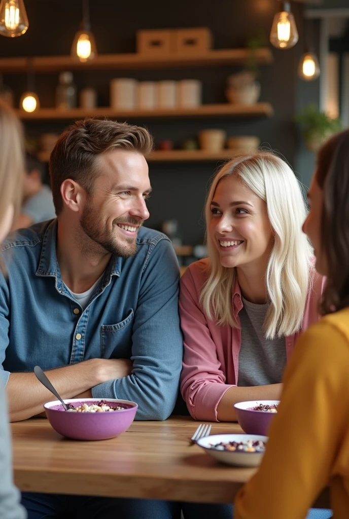 Realistic man and wife 25-35 years old, At the acai shop ,blonde hair eating acai , with friends Ultra HD, high qualiy, best qualityer, high resolution, 8k, 16K
