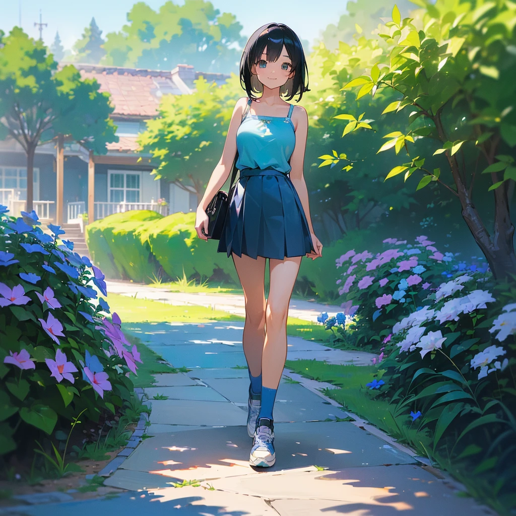 (high quality, High resolution, Very detailed, reality:1.37), Peaceful atmosphere, (Outdoor, garden), Teenage girl standing alone, (my breasts are big.), Beautiful details, Cute Smile, (Black bob hair), camisole, Blue Skirt, Blue socks, sneakers.
