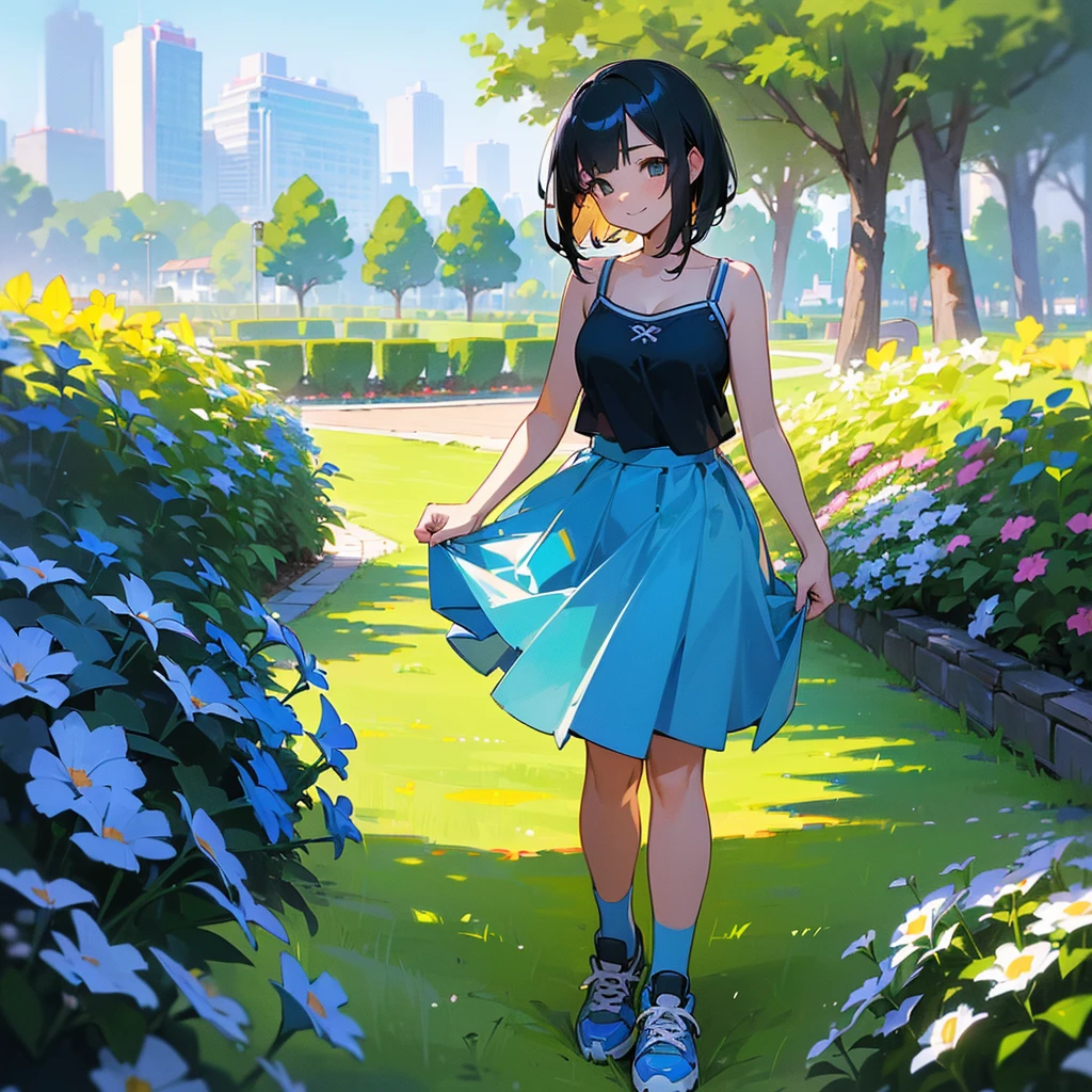 (high quality, High resolution, Very detailed, reality:1.37), Peaceful atmosphere, (Outdoor, garden), age girl standing alone, (my breasts are big.), Beautiful details, Cute Smile, (Black bob hair), camisole, Blue Skirt, Blue socks, sneakers.