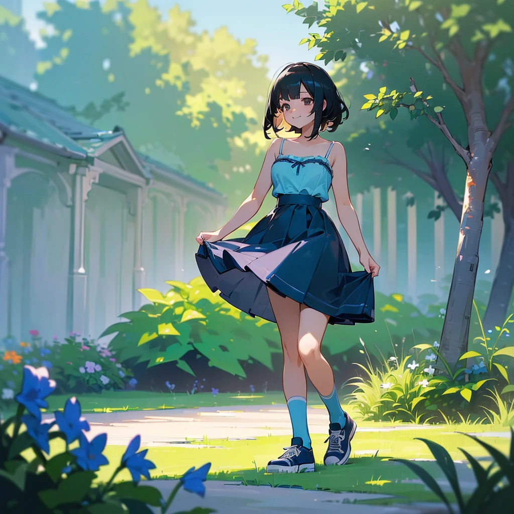 (high quality, High resolution, Very detailed, reality:1.37), Peaceful atmosphere, (Outdoor, garden), Teenage girl standing alone, (my breasts are big.), Beautiful details, Cute Smile, (Black bob hair), camisole, Blue Skirt, Blue socks, sneakers.
