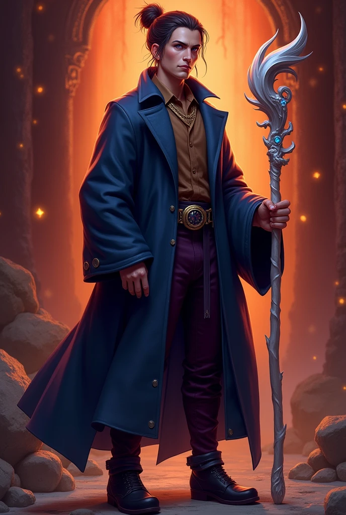 Create a d wizard&d, he has dark purple eyes, her hair is tied in a bun, he is a 26 year old adult, he wears a dark blue overcoat with a brown shirt, your pants are dark purple, and your shoes are black, he has a white staff with light blue details, vermelho e laranja, on his right hand he has a gold ring with a small jewel, and on his head he has a very simple silver crown Create in the style of vox machina