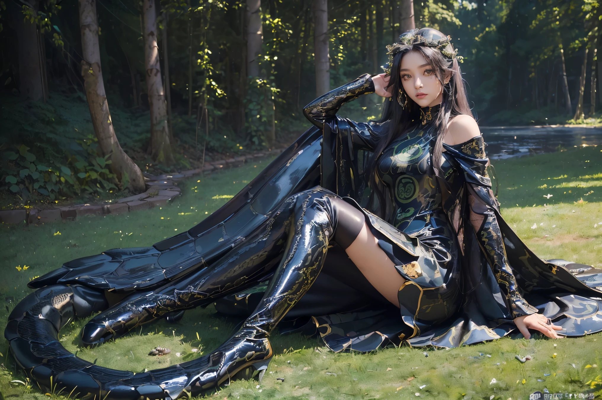 ( Absurdly , high quality , Very detailed,View Photographer)、(((Medusa Queen)))、(Black Straight Hair)、Hair Access、pantyhose、Knee-high boots、(((A shiny costume dress with a beautifully detailed snake and turtle pattern.)))、(masterpiece, 最high quality, 最high quality, Official Art, Beauty and aesthetics: 1.2), (One person: 1.3)、(((Combat pose)))、(((Majestic and beautiful nature background)))