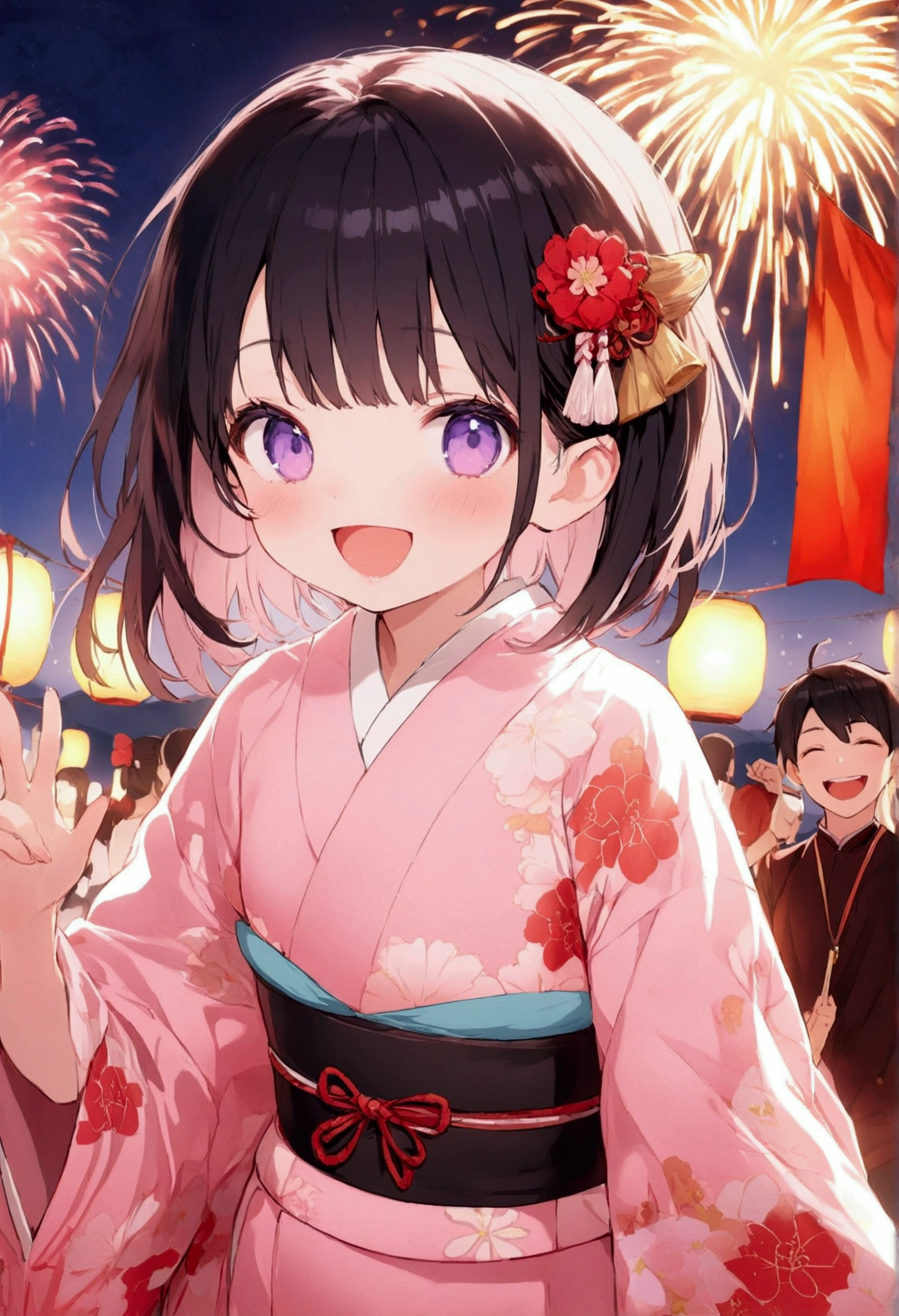 Flat Design,(masterpiece:1.2)、Written boundary depth、photograph、(Back Blur)、distance、high quality、High resolution、Very detailed、((Incredibly young))、9  Japanese、(cute)、Light purple 目、Black Hair,Pink kimono、(Semi-short hair)、straight、Laughing with your mouth open、Red flower hairpin、firework、Mountain、turn around、night、Japanese Festivals