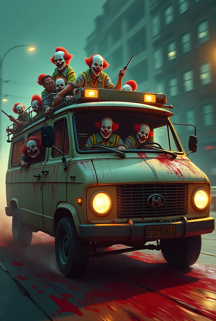 A van is filled with insane, terrifying clowns, all psychopathic and covered in blood. Some of them are sticking their heads out of the van. The van is new but splattered with blood, angled slightly to the right as it drives, with one clown at the wheel, looking deranged. The other clowns are playing with knives, creating a horrifying scene that instills panic in anyone who sees it