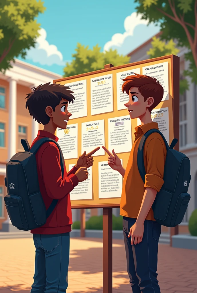 An image of where a boy is choosing a college major but his friend tells him to choose the one he is pointing at