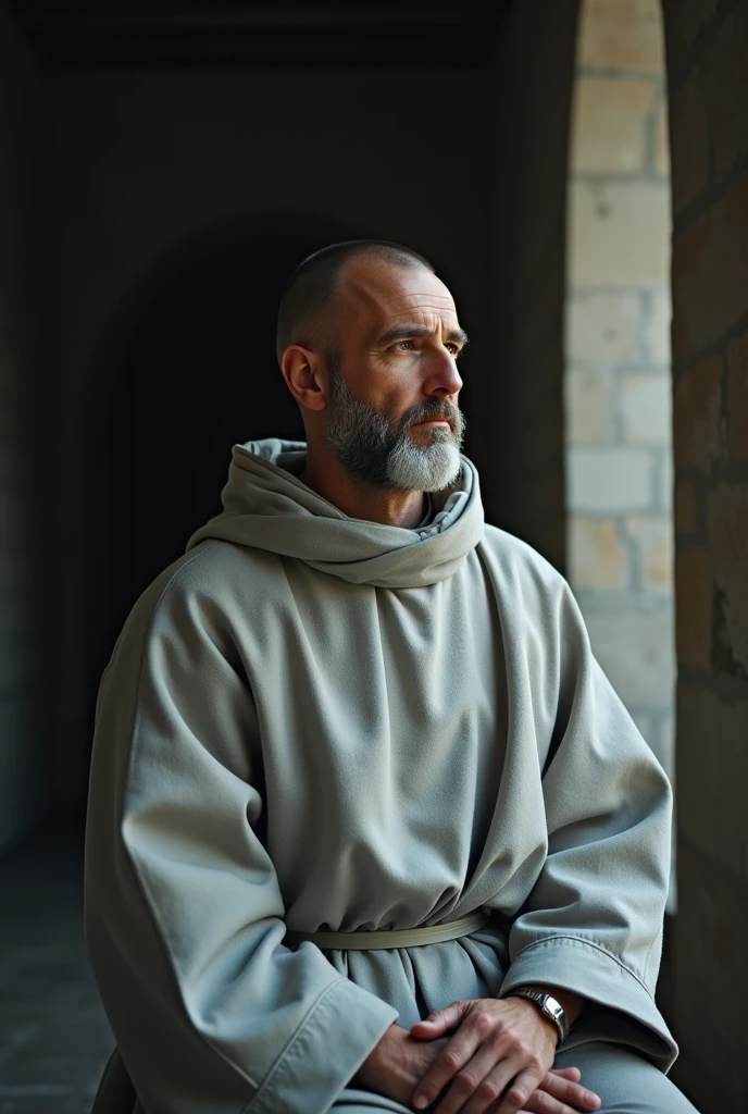 Create a monk of the roman Catholic Church, in a "light" gray robe attire. #Medieval #NoCross #Film #Age40