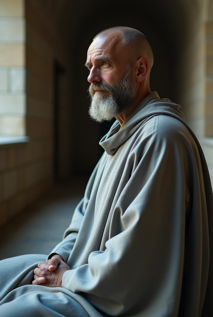 Create a monk of the roman Catholic Church, in a "light" gray robe attire. #Medieval #NoCross #Film #Age40