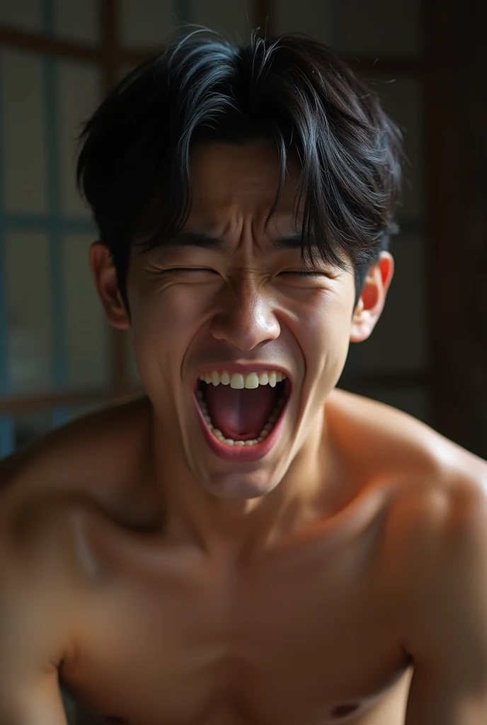 (Photorealistic:1.2、Highest quality、8k)Lie down with your crotch wide open、、He is clutching his testicles in pain with both hands.、Cute Face、Beautiful Face、Similar to Alain Delon、Looks like Sota Fukushi、Similar to Kentaro Sakaguchi、(Beautiful 18 year old boy、Beautiful Faceの男、Face enduring severe pain、Crying with a big mouth open )、He cries out loudly, clutching his crotch with both hands.、Sexual charm、Rape、sexual torture、Sexually attractive、Crushing a man's crotch、Big penis、Grabbing the man's crotch hard、Grab the crotch、Erotic photos、Scream in pain、Sexy posture、Sweat、、A brutal lynching、Brutal Lynching、Severe pain、The man is a black-haired Japanese man.、女性のようなBeautiful Face、Handsome、Erotic Pose、Full nudity、I&#39;m not wearing anything、The rope is tightening around the testicles、Actor、Naked、muscle、(Sweat:1.2)、Fine skin、(Film lighting)、Bright light、The lighting is bright、dojo、、Stripped naked、、double eyelid、(Fascinating crotch)、((excited))、Six Pack Abs、Phimosis、