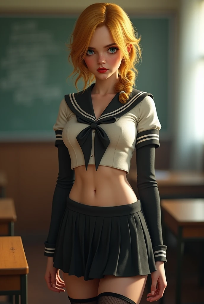 teen Emma Watson as a sexy schoolgirl, tight intricate school uniform. crop top. slender body. classroom. day. blurred background, pleated skirt. thighs highs, red lip stick, blue eyes, yellow hair