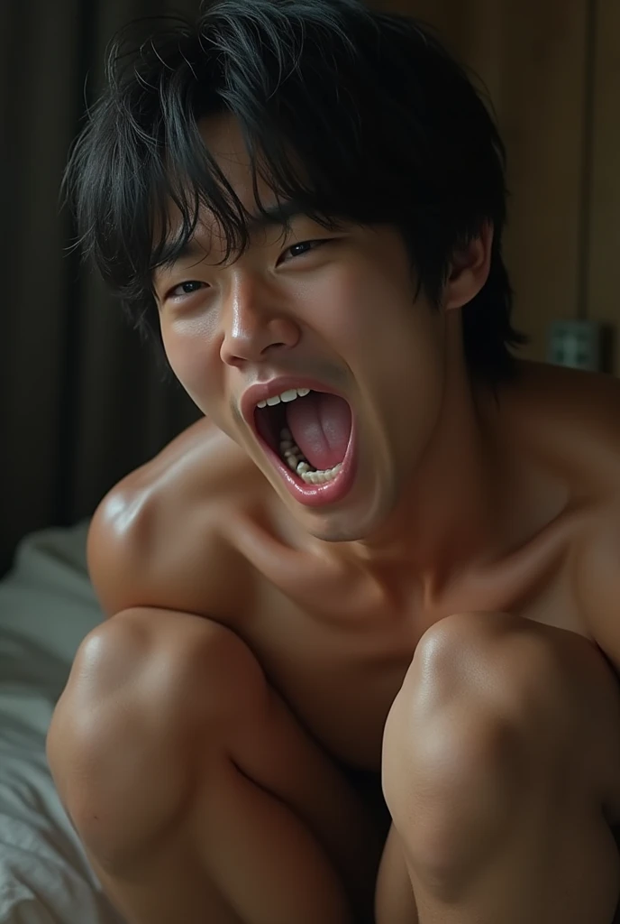 (Photorealistic:1.2、Highest quality、8k)Lie down with your crotch wide open、、He is clutching his testicles in pain with both hands.、Cute Face、Beautiful Face、Similar to Alain Delon、Looks like Sota Fukushi、Similar to Kentaro Sakaguchi、(Beautiful 1 boy、Beautiful Faceの男、Face enduring severe pain、Crying with a big mouth open )、He cries out loudly, clutching his crotch with both hands.、Sexual charm、Rape、sexual torture、Sexually attractive、Crushing a man's crotch、Big penis、Grabbing the man's crotch hard、Grab the crotch、Erotic photos、Scream in pain、Sexy posture、Sweat、、A brutal lynching、Brutal Lynching、Severe pain、The man is a black-haired Japanese man.、女性のようなBeautiful Face、Handsome、Erotic Pose、Full nudity、I'm not wearing anything、The rope is tightening around the testicles、Actor、Naked、muscle、(Sweat:1.2)、Fine skin、(Film lighting)、Bright light、The lighting is bright、dojo、、Stripped naked、、double eyelid、(Fascinating crotch)、((excited))、Six Pack Abs、Phimosis、