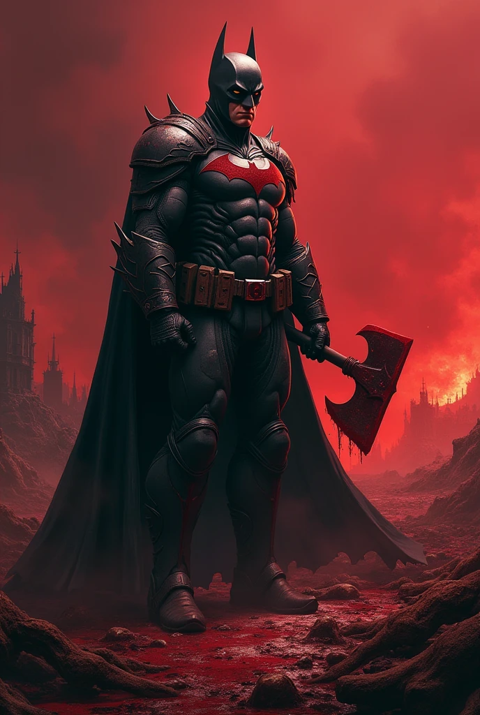Show Batman in a dark fantasy environment, specifically on a devastated and bloody battlefield. The hero is in the middle of a massacre, surrounded by fallen bodies and traces of combat. He wears imposing black armor, adorned with mystical details , and holds a large bloody axe, highlighting the brutal combat. The scene is lit by a dim, red light, creating a dramatic contrast with the dark background. in a powerful and determined pose, with an intense gaze, dominating the battlefield with his imposing presence."