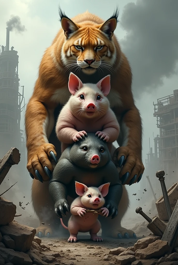 Make a big cat , a medium pig and a small mouse , one on top of the other but with aspects of war