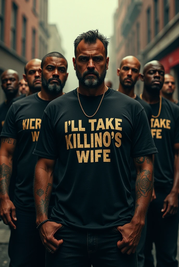 men with the shirt saying I'll take Killino's wife