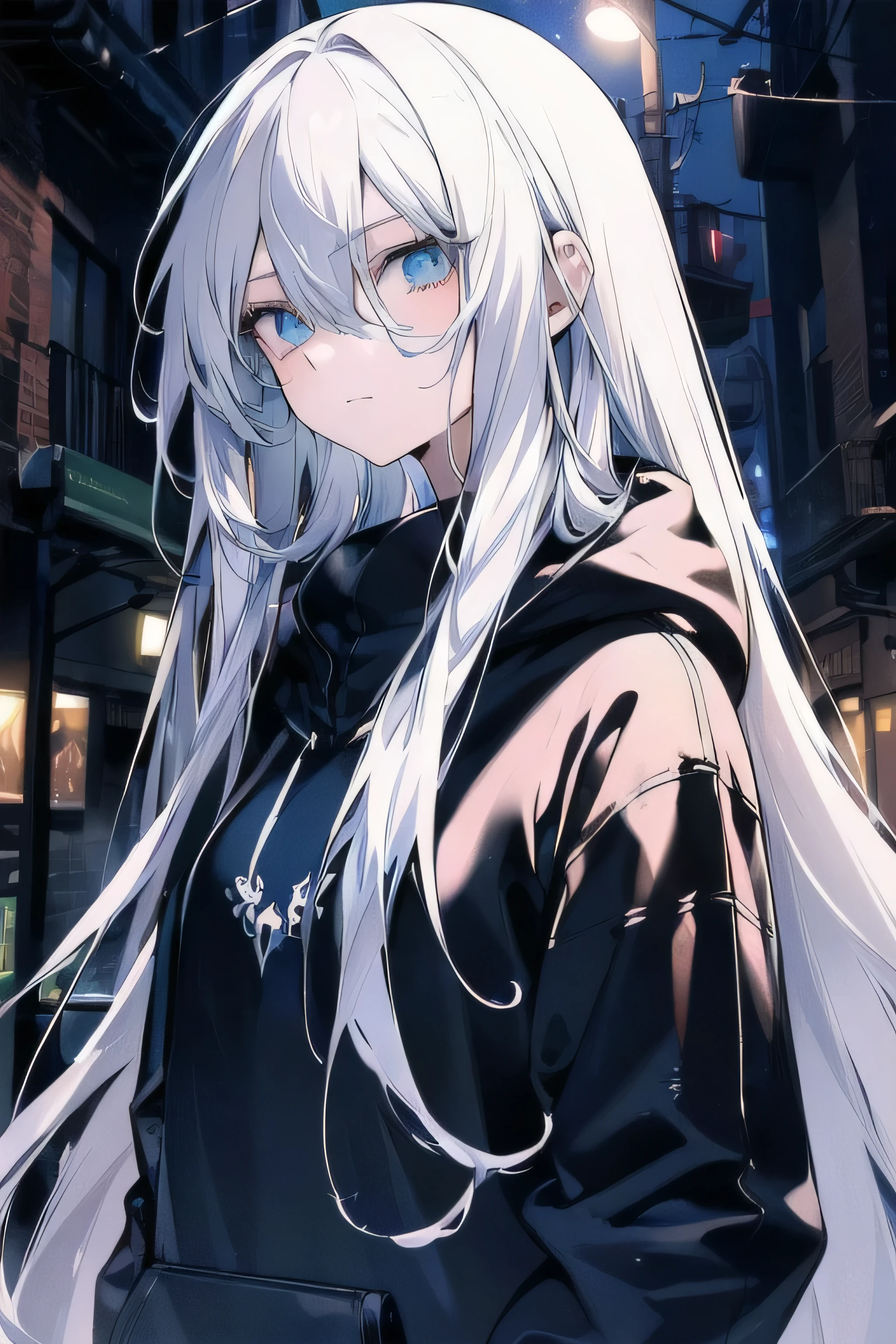 ((masterpiece)), ((best quality)), ((best illustration)), ((ultra-detailed)),((photorealistic color)), 1 lady, solo, teenager, absurdly long hair, white hair, straight hair, ((blue eyes)), ((ultra detailed eyes)), ((ultra detailed face)), gloomy, hoodie, thin body, thin arms, long arms, night, alley, backlight