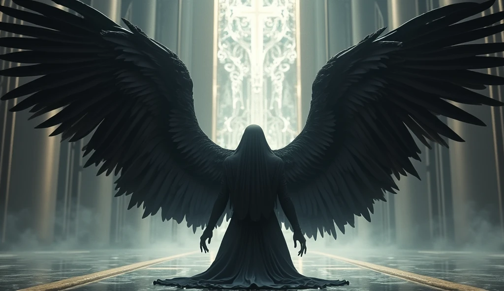 black angel with black wings kneeling with open wings before the throne of god